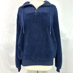 SWEATY BETTY NEW Sherpa Half Zip Sweatshirt Navy Blue Pullover Women's L